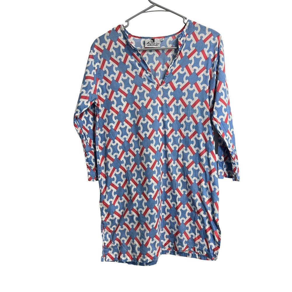 Malabar Bay Tunic Top Womens Blue Red Geometric Ruffle Sleeve - M